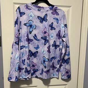 Women's Butterfly Long Sleeve Tee Beautiful Mauve Purple with Blue Print Top